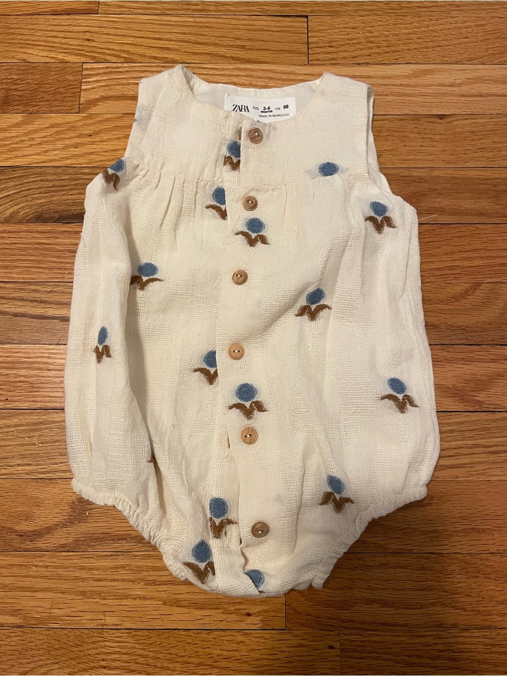 Zara Cream Romper with Blue & Brown Floral Motifs 3-6 months